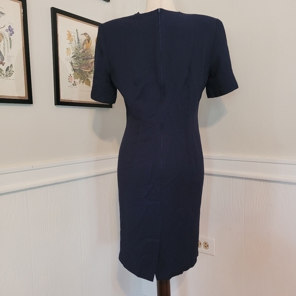 VINTAGE 80s Navy Button Down Collar  Secretary Nautical Dress Size 8 - Picture 8 of 11